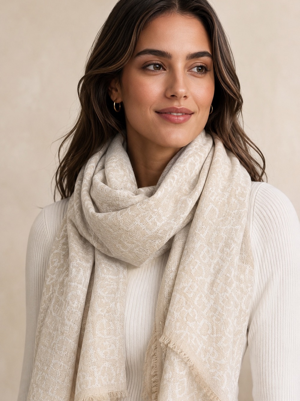 DKNY Monogram Fringe Scarf - Beige and Cream